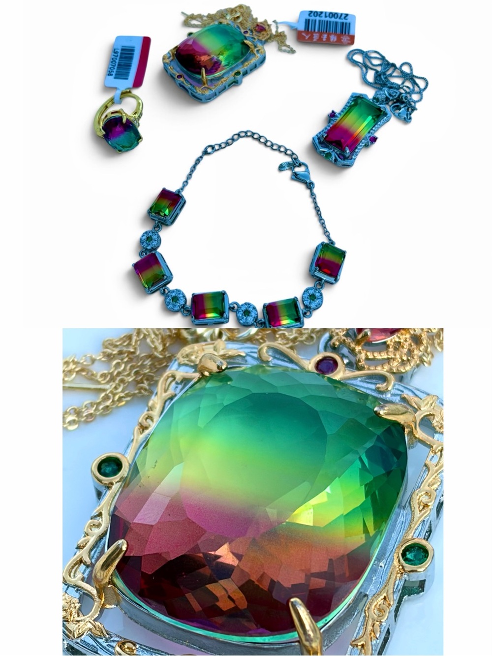 NWT 4pc Watermelon Tourmaline Style Jewelry Set Faux Gem Gold Silver Rainbow Lot